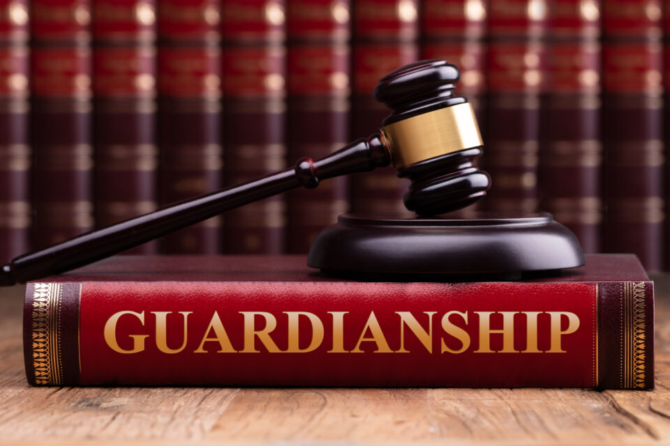 Guardianship law book with gavel on wooden desk, symbolizing legal guardianship services